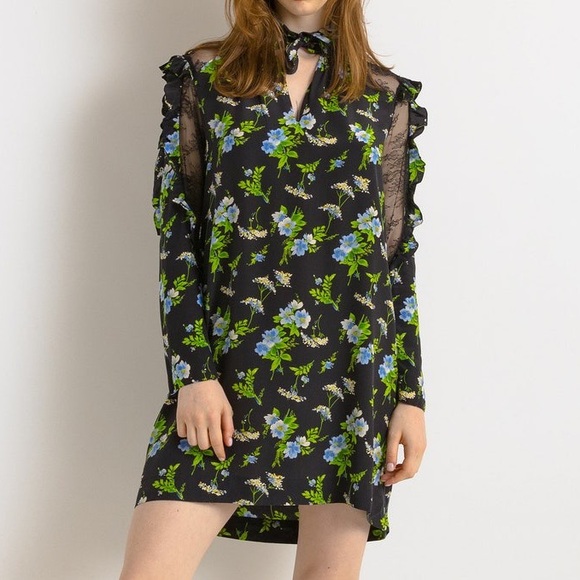 Sandro Dresses & Skirts - SANDRO Silk Lace Insets Ruffle Black Green Floral Mini Shift Victorian Dress